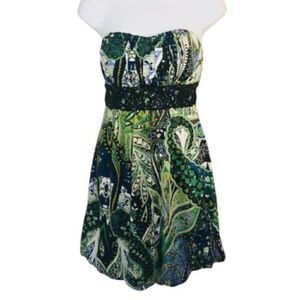 Ruby Rox Strapless Floral Balloon Paisley Mini Dress Crochet Lace Green Black M